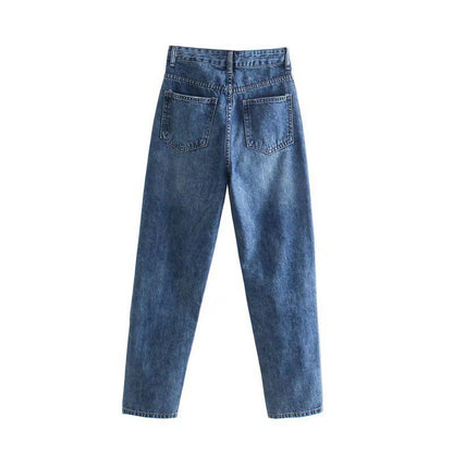 Women's Solid Color High Waist Loose Casual Denim Trousers
