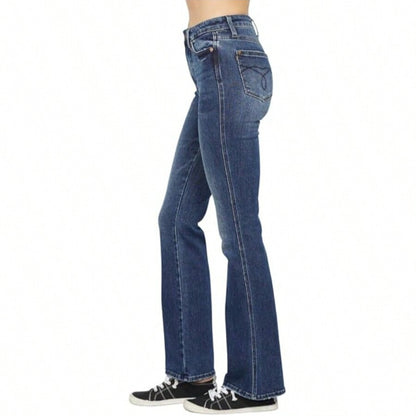 Ausgestellte Jeans mit mittelhohem Bund für Damen, Vintage-Stil, hohe Elastizität und hoher Tragekomfort
