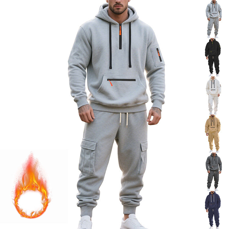 Herren-Sport- und Freizeitanzug, lockerer Pullover mit Fleecefutter, Kapuzenpullover mit Reißverschluss und mehreren Taschen, zweiteiliges Set