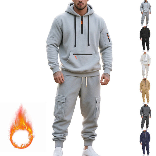 Herren-Sport- und Freizeitanzug, lockerer Pullover mit Fleecefutter, Kapuzenpullover mit Reißverschluss und mehreren Taschen, zweiteiliges Set