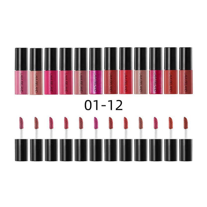 12 Farben, haltbar, wasserfest, antihaftbeschichtet, Lippenstiftprobe, matt, Lip Glaze
