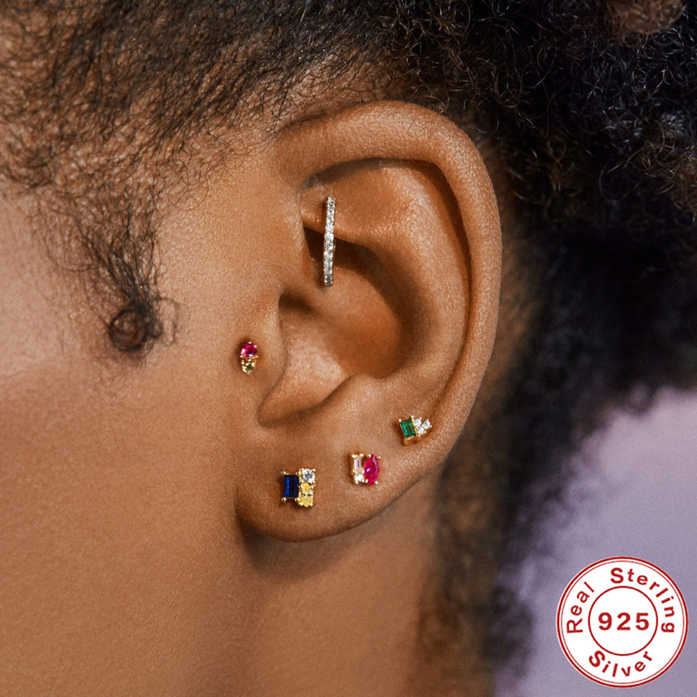 Women's Fashion Sterling Silver Geometric Colored Diamond Stud Earrings