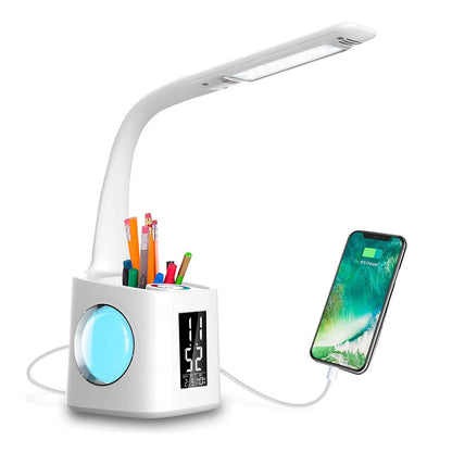 LED-Schreibtischlampe mit USB-Ladeanschluss, Display, Kalenderanzeige, verschiedenen Farben, Nachtlicht, dimmbar, mit Stifthalterung – ideal für Kinder.