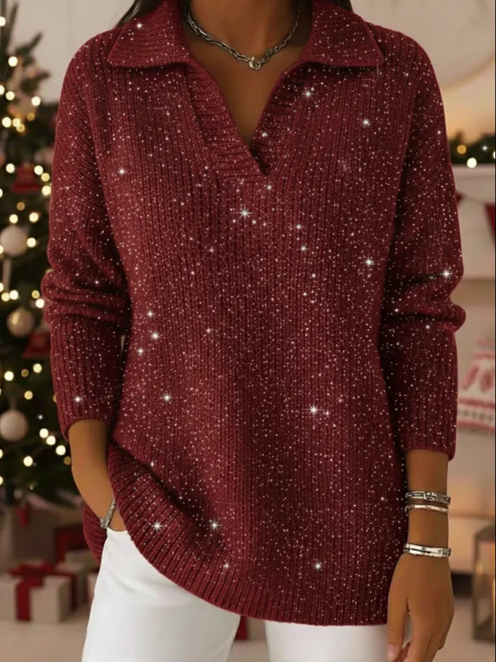 Neuer einfarbiger, langärmeliger Pullover mit Glitzereffekt
