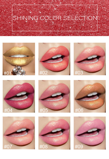 Glänzender Metallic-Lippenstift, perlmuttartiger Lippenstift mit Farbtemperaturwechsel, goldener Lippenstift