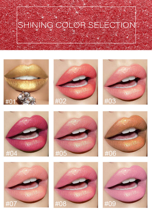 Glänzender Metallic-Lippenstift, perlmuttartiger Lippenstift mit Farbtemperaturwechsel, goldener Lippenstift