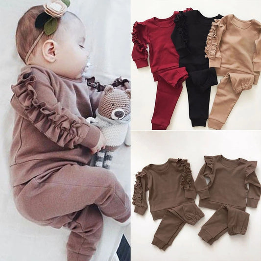 Neugeborenen-Set für Jungen und Mädchen: Rüschen-Pullover, einfarbiges Langarm-Sweatshirt, Oberteil und Hose, 2-teiliges Outfit für Kleinkinder, Herbstkleidung