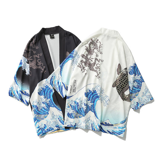 Japanischer Kimono mit Ukiyo-e-Malerei, Wellentintenfisch-Print, locker geschnitten, siebenärmelig, schmal geschnitten, für Damen und Herren. 