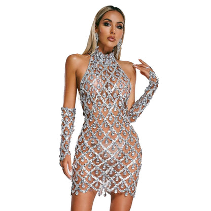 Hochwertiges, robustes, mit Strasssteinen besetztes Pailletten-Handschuh- und Paillettenkleid für Damen, ultrakurz