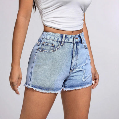 Lässige, stylische Damen-Jeansshorts mit Sternenmuster und offener Kante