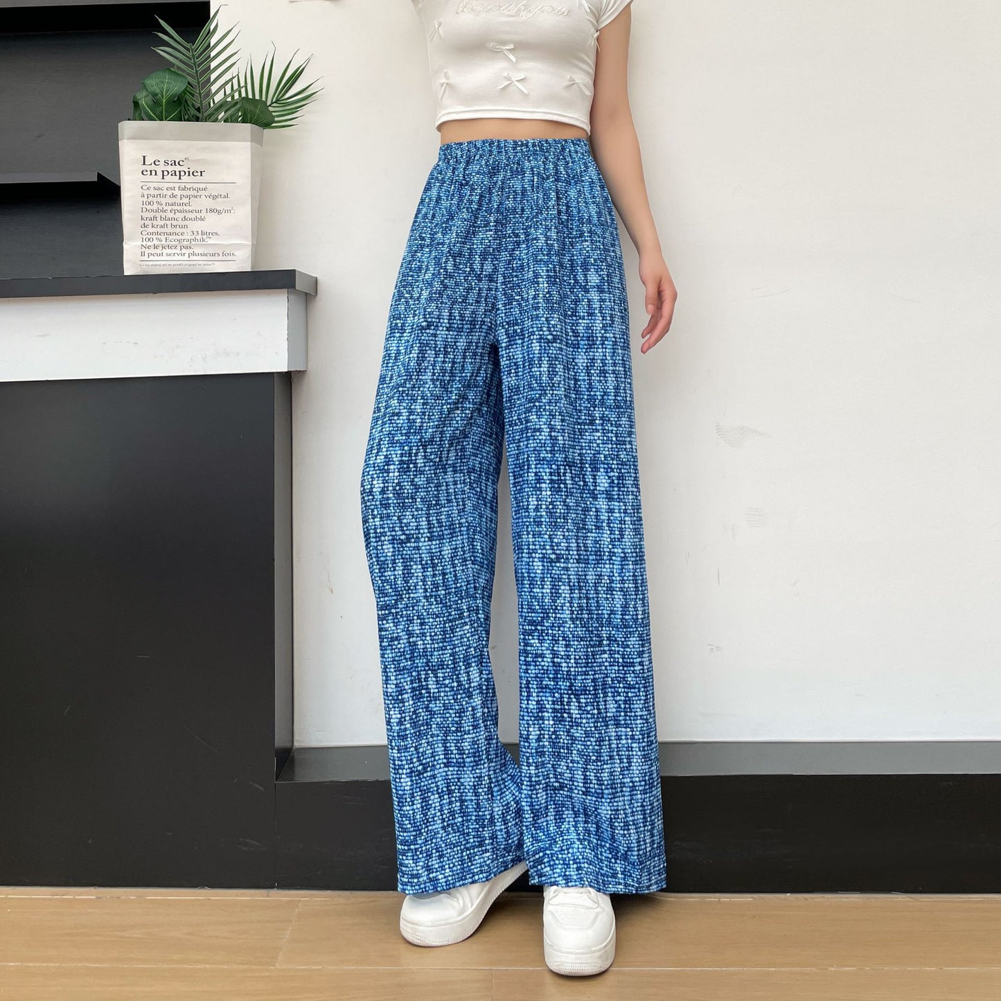 Women's Thin Casual High-waisted Loose Retro Printed Denim Straight-leg Pants