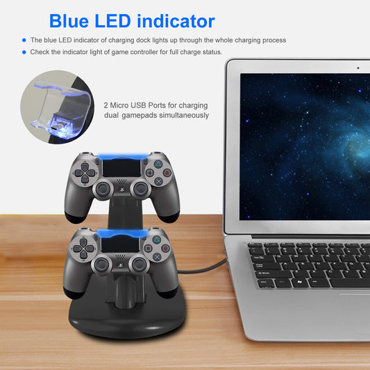 Ladestation mit zwei Micro-USB-Ladeanschlüssen für PS4 Pro und PS4 Slim Gamepad-Controller mit blauer Anzeige – ideal für Spielefans