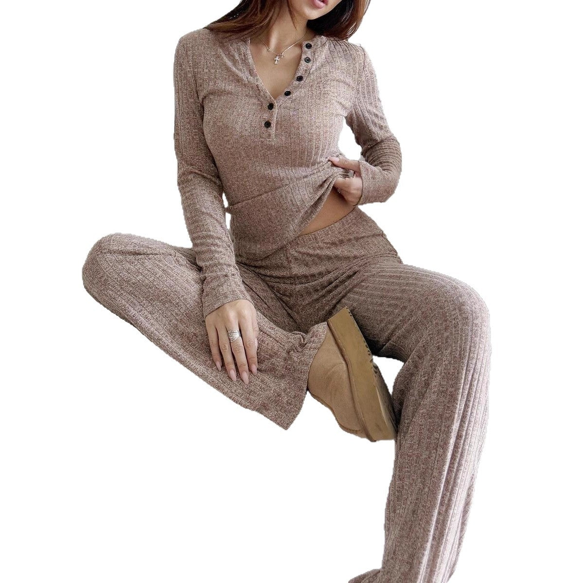 Knitted Ribbed T-shirt And Pants For Women
