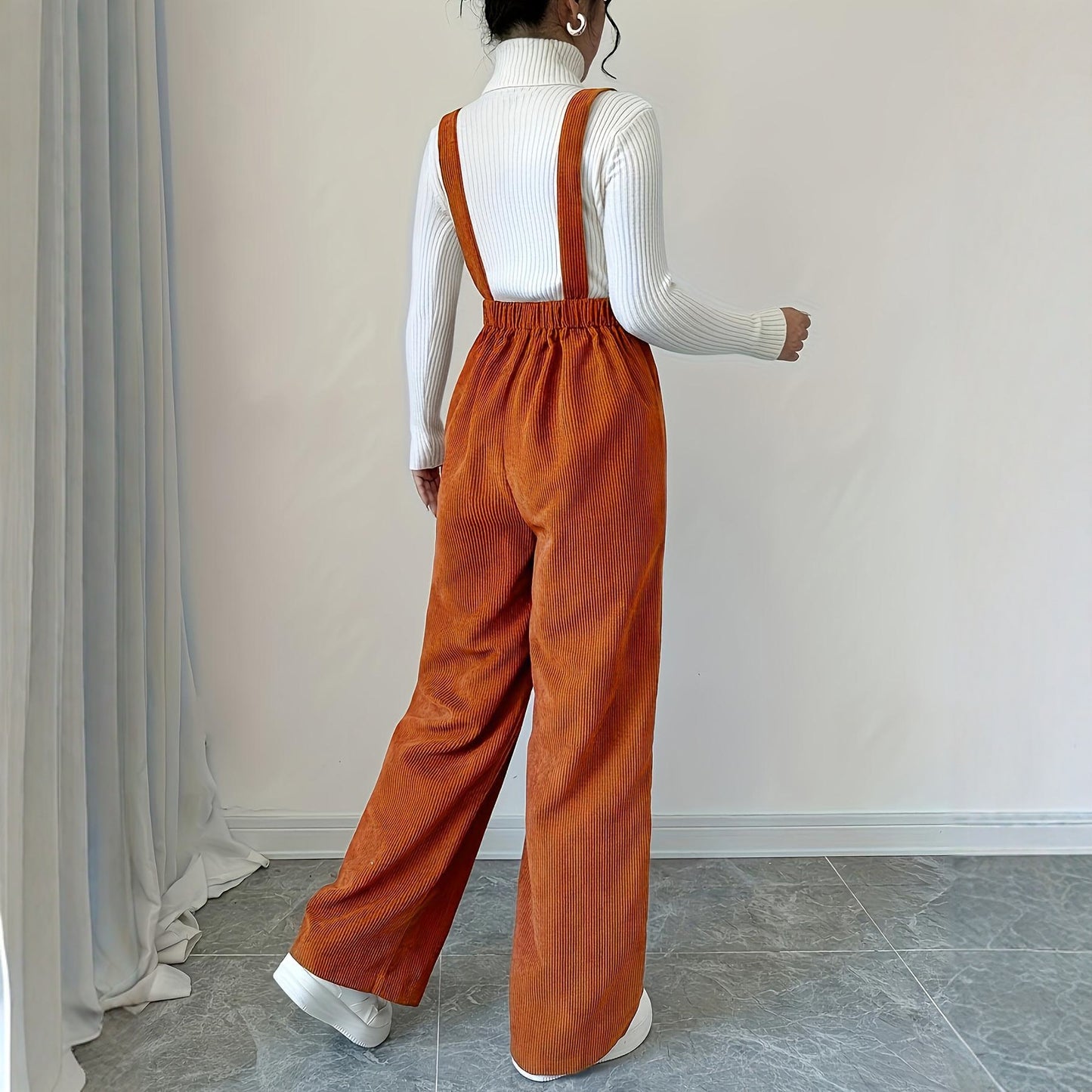Corduroy Loose Straight Bib Pants Women