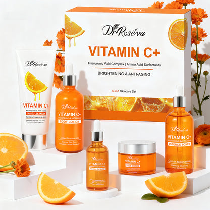 Dr.ROSEVA Private Label Natürliche Bio-Anti-Aging-Produkte VC Vitamin C Gesichtspflegecreme Serum Reinigung 5-teiliges Hautpflege-Set Hautpflege-Geschenkset