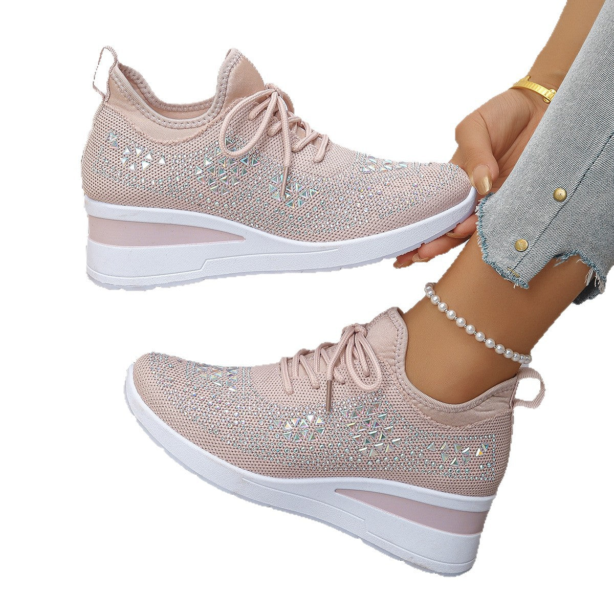 Strass-Sneaker, modische Schnür-Keilsandalen, Freizeitschuhe für Damen, Sportschuhe für den Alltag