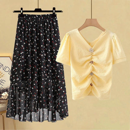 Schickes Chiffon-T-Shirt und hochgeschnittener Rock, zweiteiliges Set