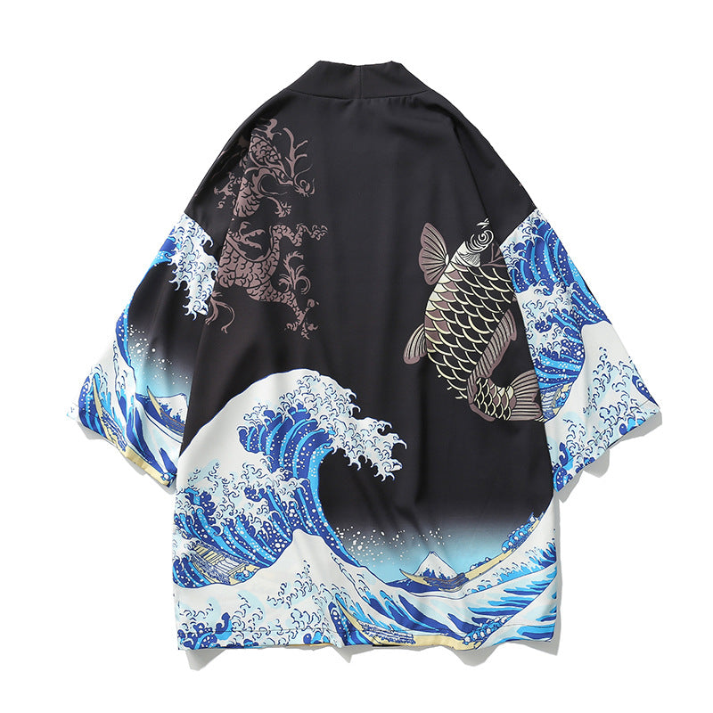 Japanischer Kimono mit Ukiyo-e-Malerei, Wellentintenfisch-Print, locker geschnitten, siebenärmelig, schmal geschnitten, für Damen und Herren. 