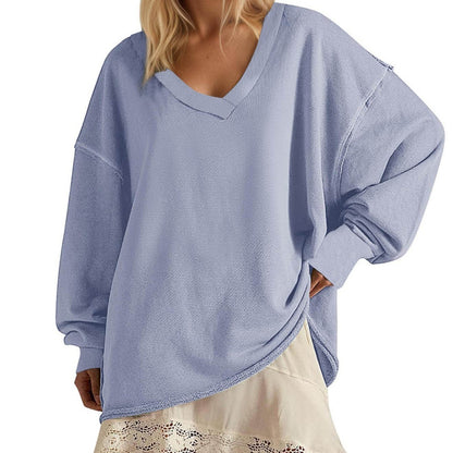 Neues einfarbiges, locker sitzendes Langarmshirt mit V-Ausschnitt für Damen