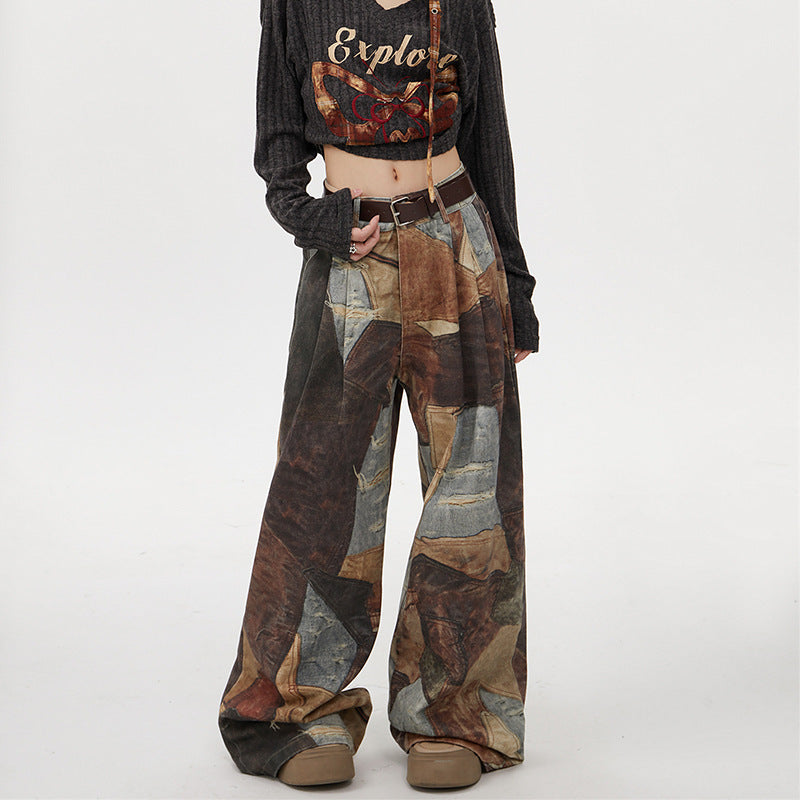 Jeans mit Retro-Print, weites Bein, für Damen und Herren, Hüfthose