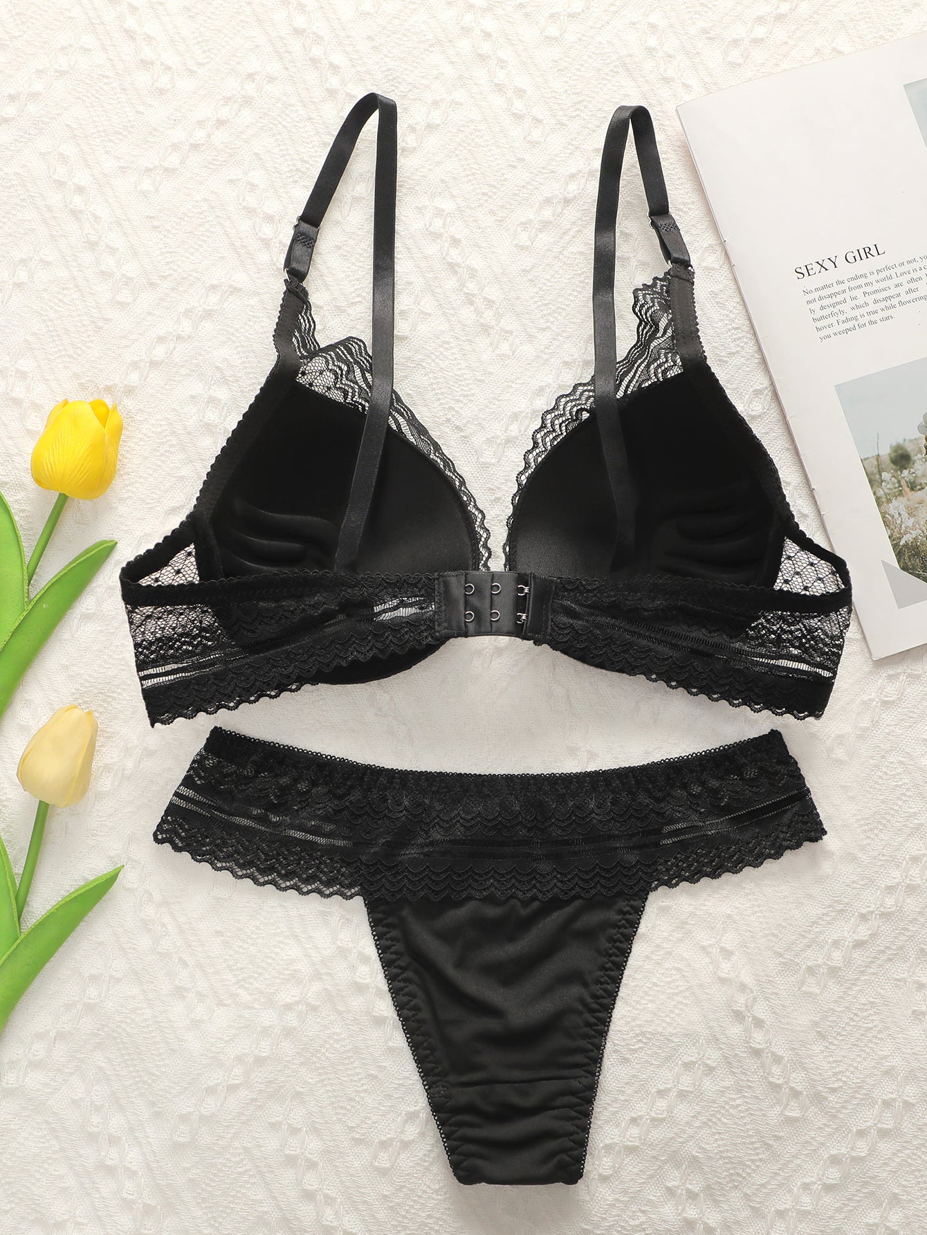 Schwarzes, sexy Push-up-Spitzen-Dessous-Set für Damen 