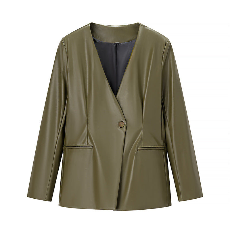 Damen-Lederjacke mit langen Ärmeln und V-Ausschnitt