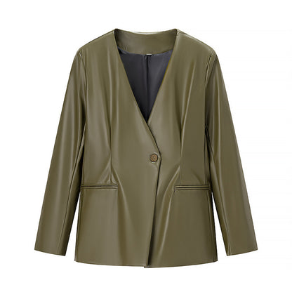 Damen-Lederjacke mit langen Ärmeln und V-Ausschnitt