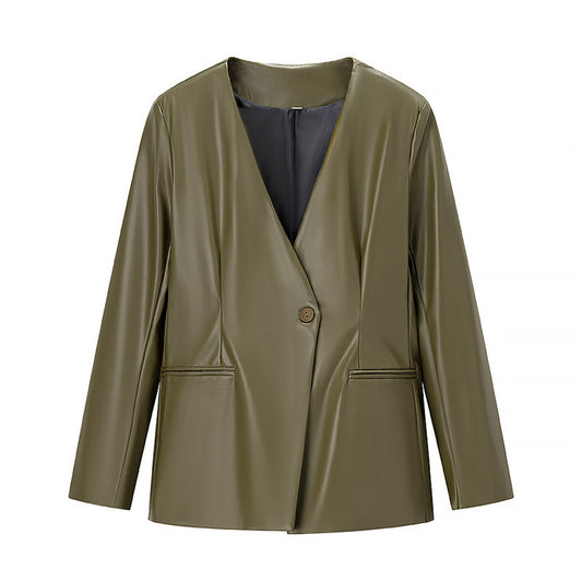 Damen-Lederjacke mit langen Ärmeln und V-Ausschnitt