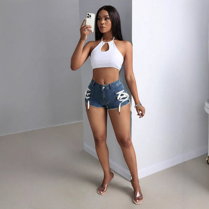 Elegante, schmal geschnittene, personalisierbare Jeansshorts mit elastischem Bund und Bindebändern für Damen