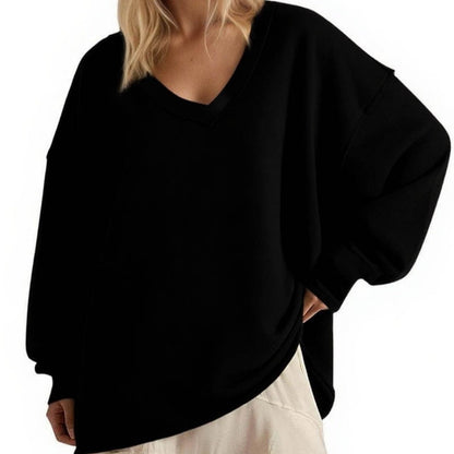 Neues einfarbiges, locker sitzendes Langarmshirt mit V-Ausschnitt für Damen