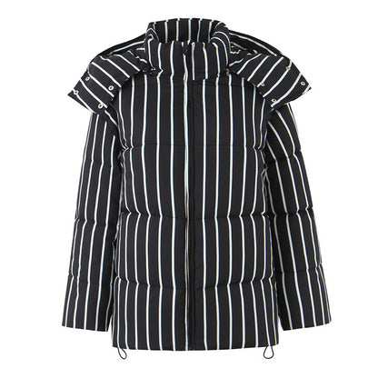 Women's Black Striped Hooded Cotton Coat