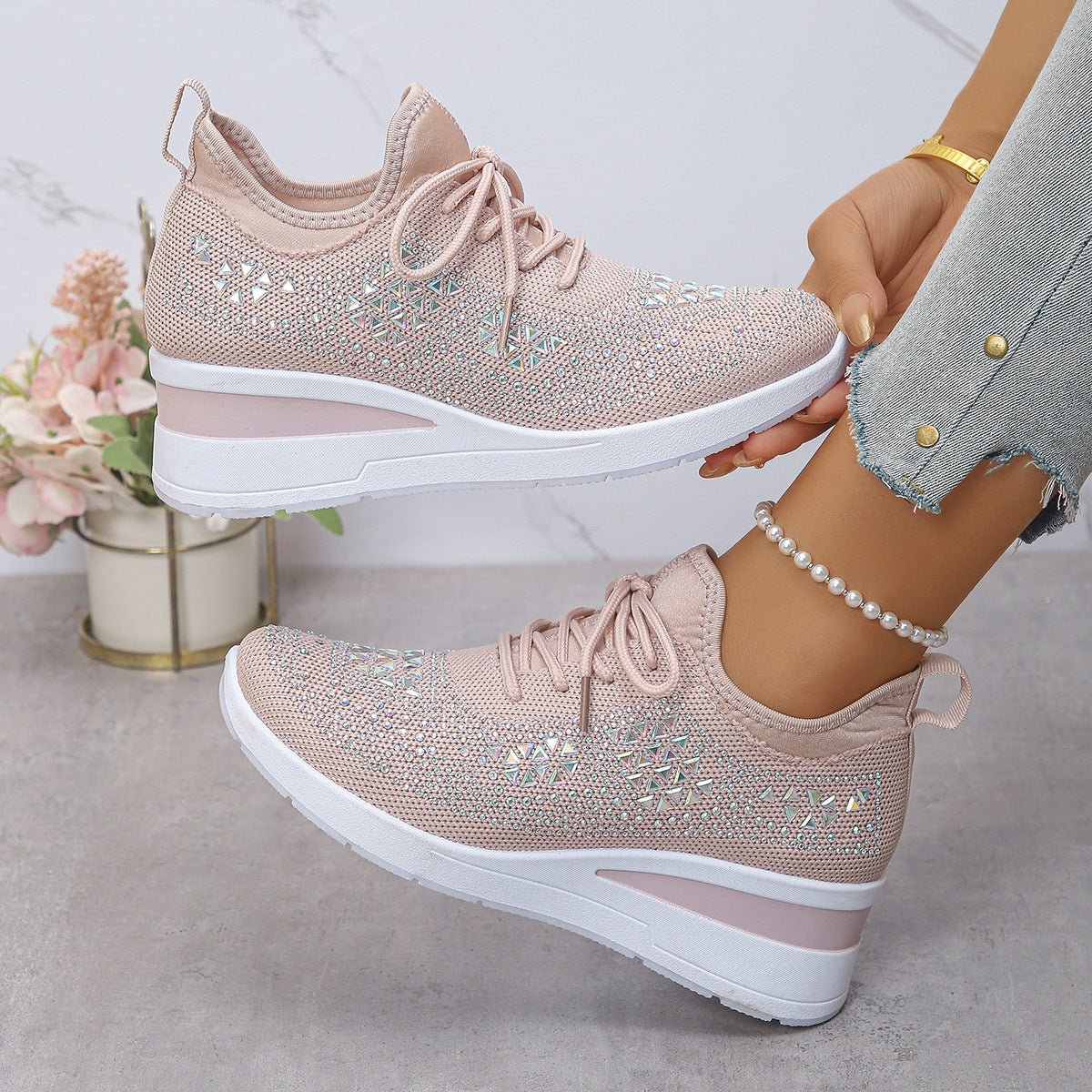 Strass-Sneaker, modische Schnür-Keilsandalen, Freizeitschuhe für Damen, Sportschuhe für den Alltag