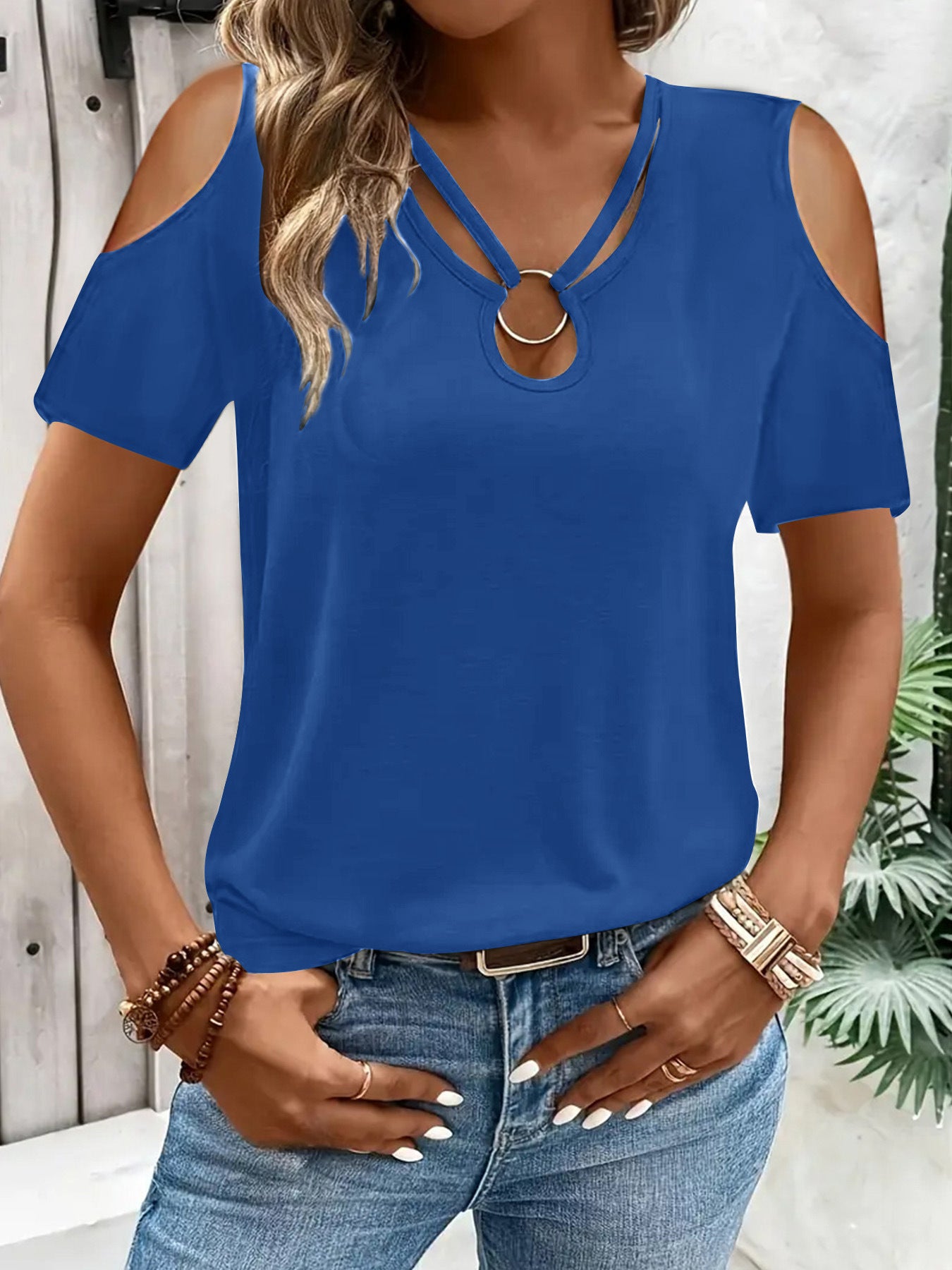Womens Loose-Fit Cross-Over V-Neck Off-the-Shoulder Short-Sleeve TShirt