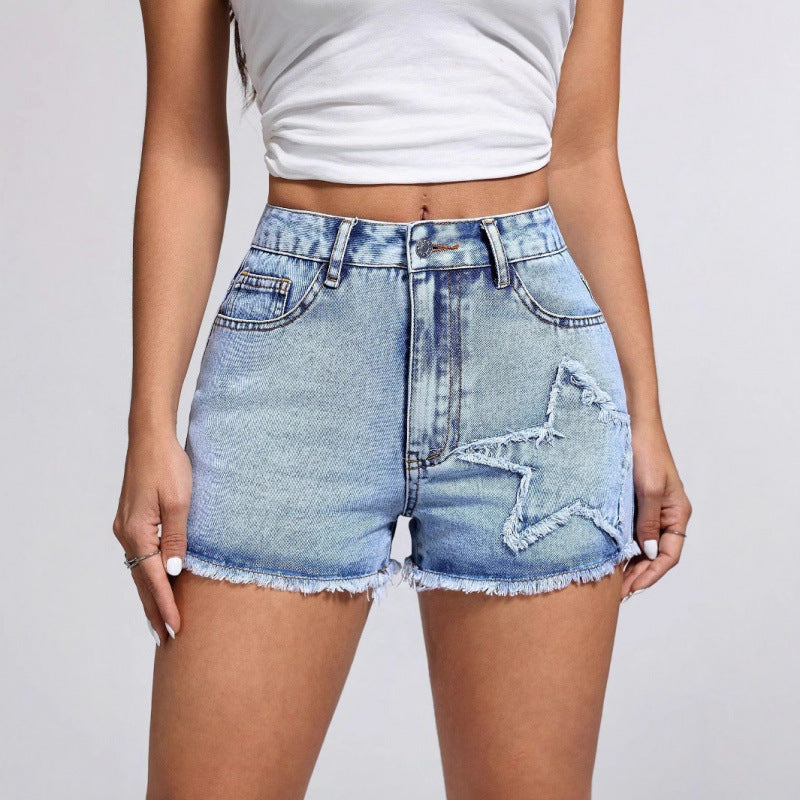 Lässige, stylische Damen-Jeansshorts mit Sternenmuster und offener Kante