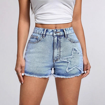 Lässige, stylische Damen-Jeansshorts mit Sternenmuster und offener Kante