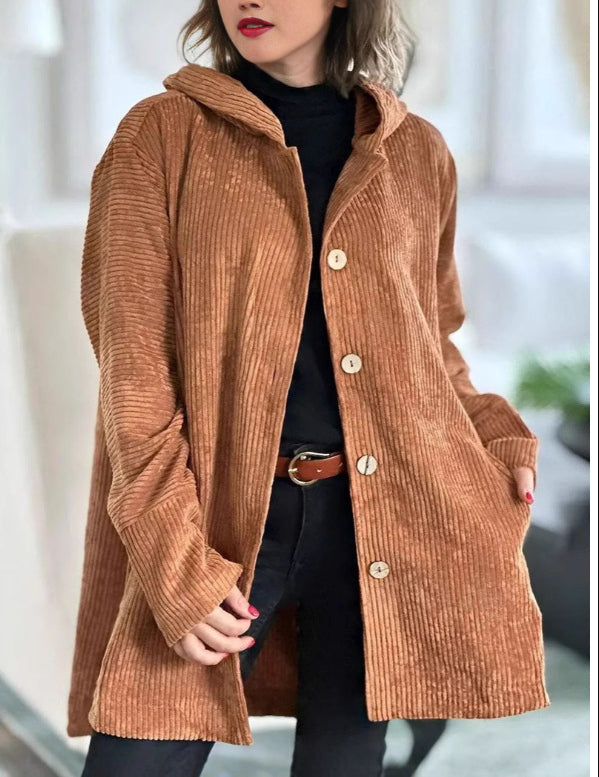 Damen-Cordjacke mit Kapuze, modisch, warm, mit Taschen, Knöpfen, mittellang, lässige Herbst-Winter-Oberbekleidung