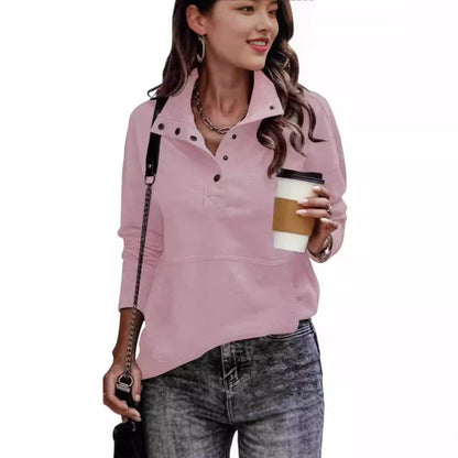 Modisches Damen-Sweatshirt mit langen Ärmeln, einfarbigem Design, Taschen und Knöpfen