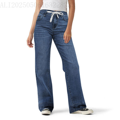High Waist Elastic Straight Loose Drawstring Denim Trousers