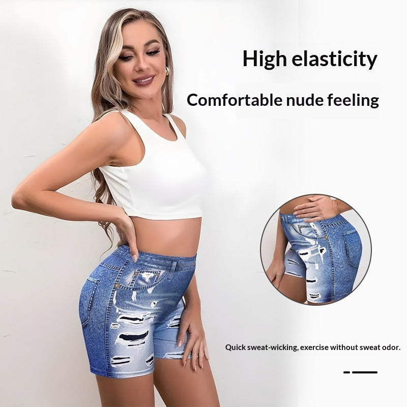 Bedruckte Dreiviertelhose im Denim-Stil mit Used-Look