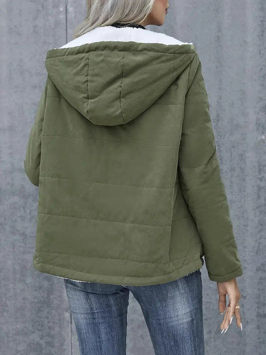 Fleecegefütterter Kapuzenmantel, Winter, Preppy-Stil, Langarmjacke, warme Taschen, Baumwollmantel, Damenbekleidung