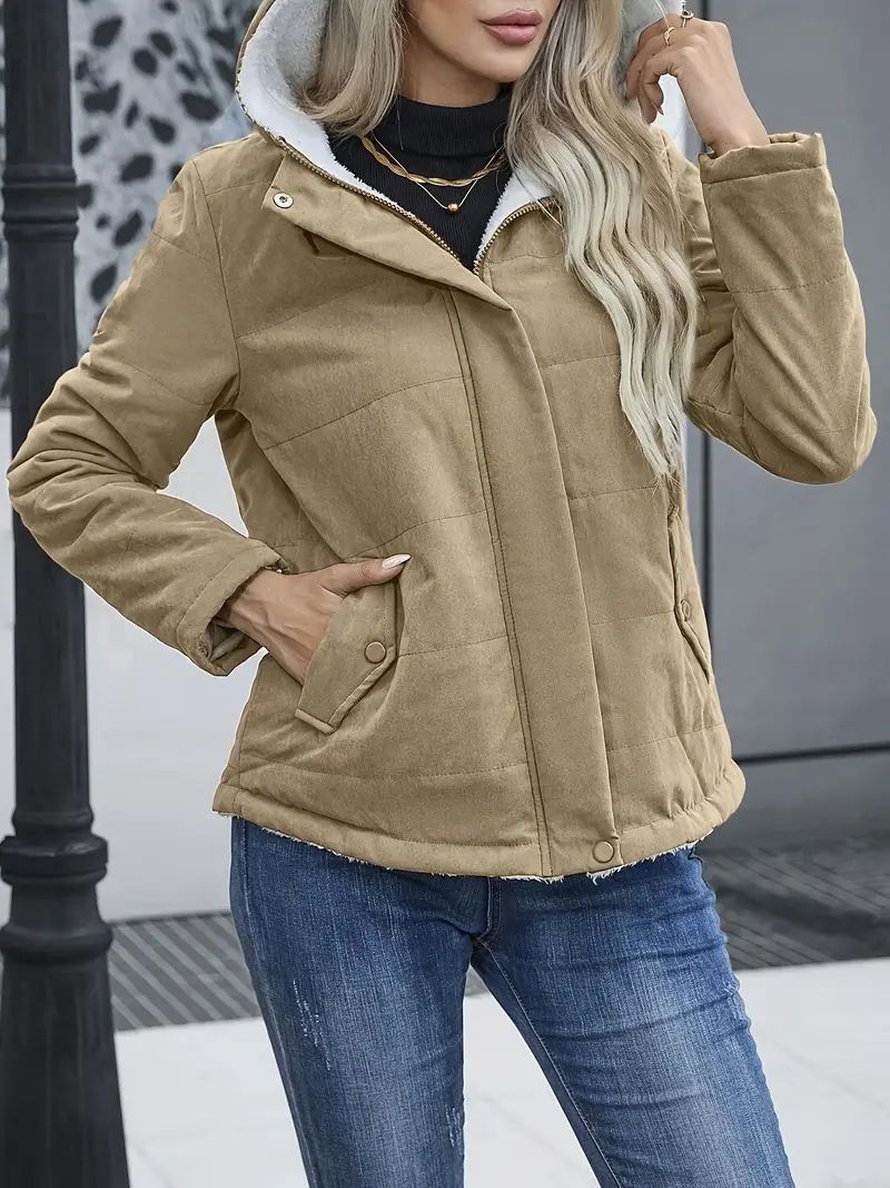 Fleecegefütterter Kapuzenmantel, Winter, Preppy-Stil, Langarmjacke, warme Taschen, Baumwollmantel, Damenbekleidung