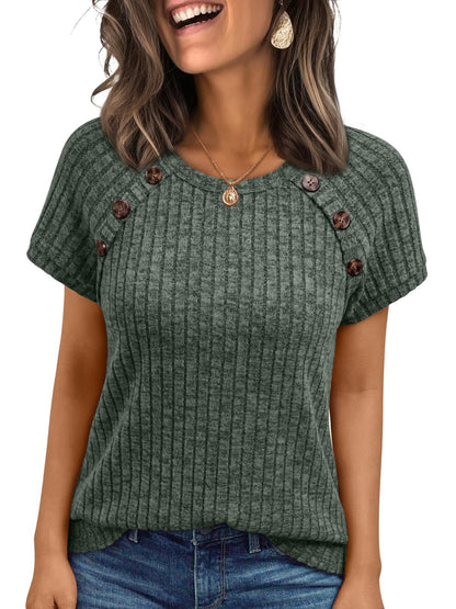 Womens Ribbed Crew-neck Button-panel Short-sleeve Top