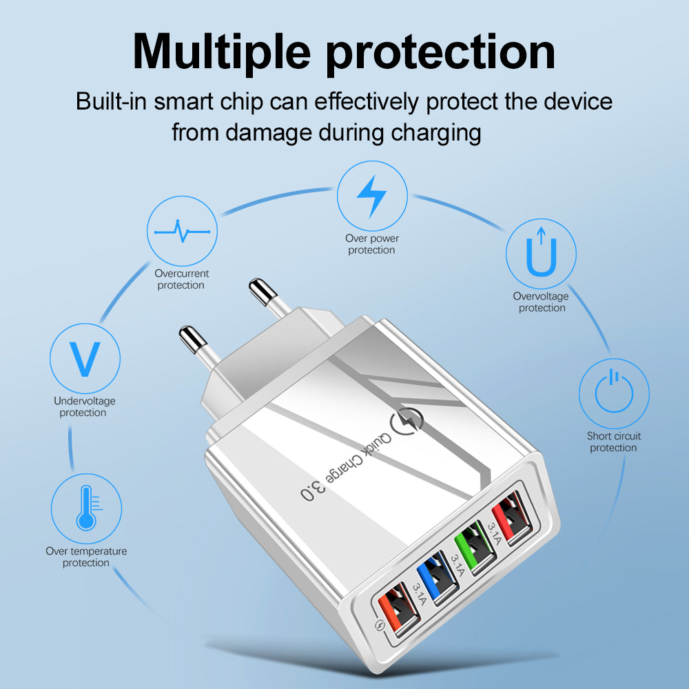 USB-Ladegerät Quick Charge 3.0 4-fach Adapter für Tablets, tragbares Wandladegerät, Schnellladegerät