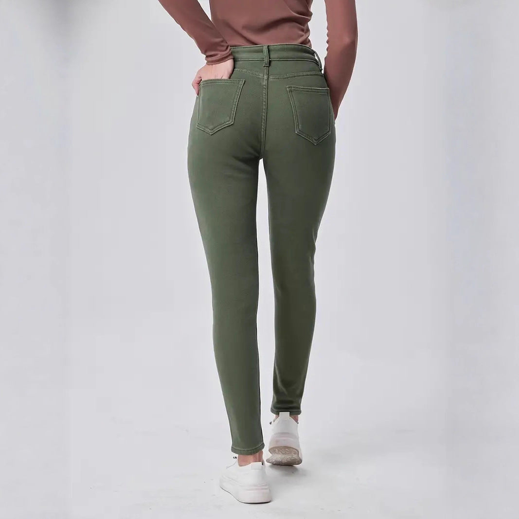 Dunkelgrüne, gewaschene, hochtaillierte, schmal geschnittene Skinny-Jeans