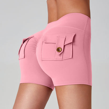 Sportliche Fitness-Arbeitskleidung, Trainingshose mit Tasche, Pfirsichfarben, schnelltrocknend, Po-formend, Yogahose