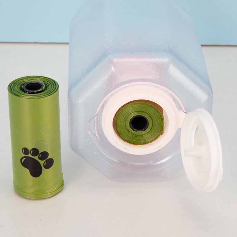 Tragbare 3-in-1-Trinkflasche für Katzen und Hunde: Auslaufsicher, multifunktional, mit Futter- und Wasserspender sowie Kotbeutelspender.