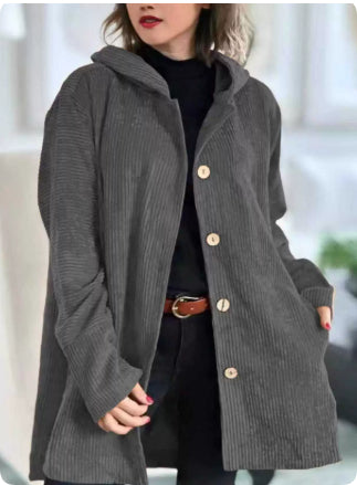 Damen-Cordjacke mit Kapuze, modisch, warm, mit Taschen, Knöpfen, mittellang, lässige Herbst-Winter-Oberbekleidung