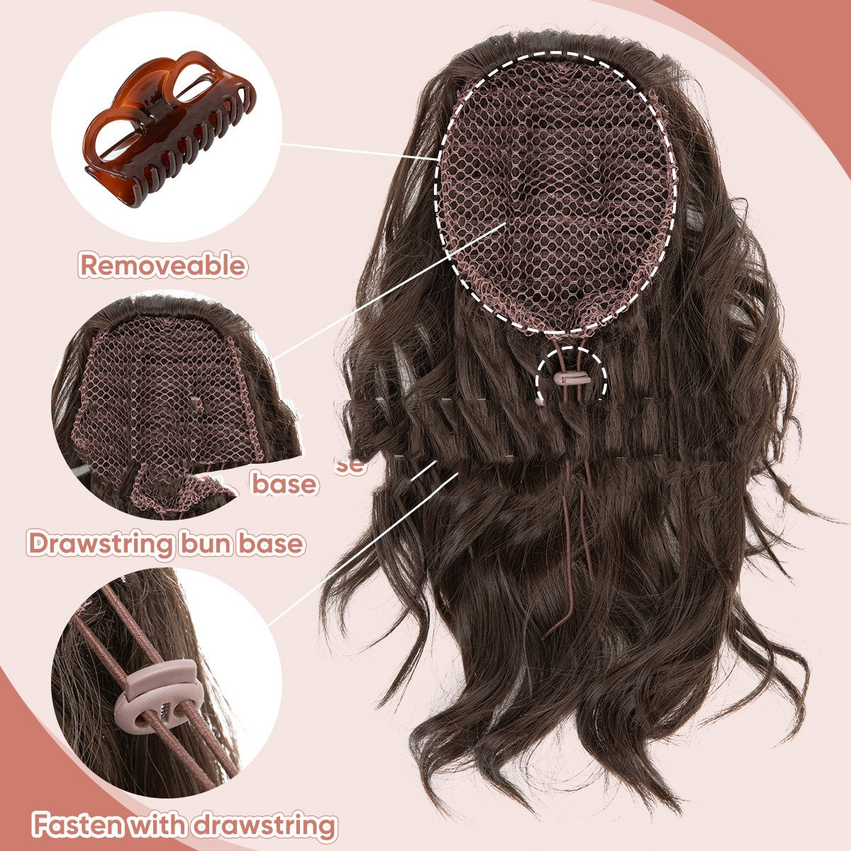 Birnenförmiger Haarknoten, hoher Pferdeschwanz aus Kunstfasern