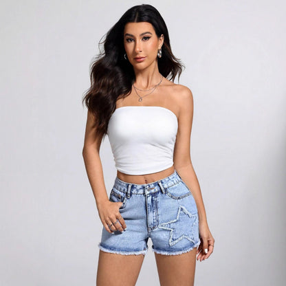 Lässige, stylische Damen-Jeansshorts mit Sternenmuster und offener Kante