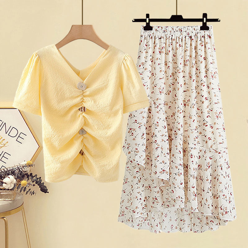 Schickes Chiffon-T-Shirt und hochgeschnittener Rock, zweiteiliges Set